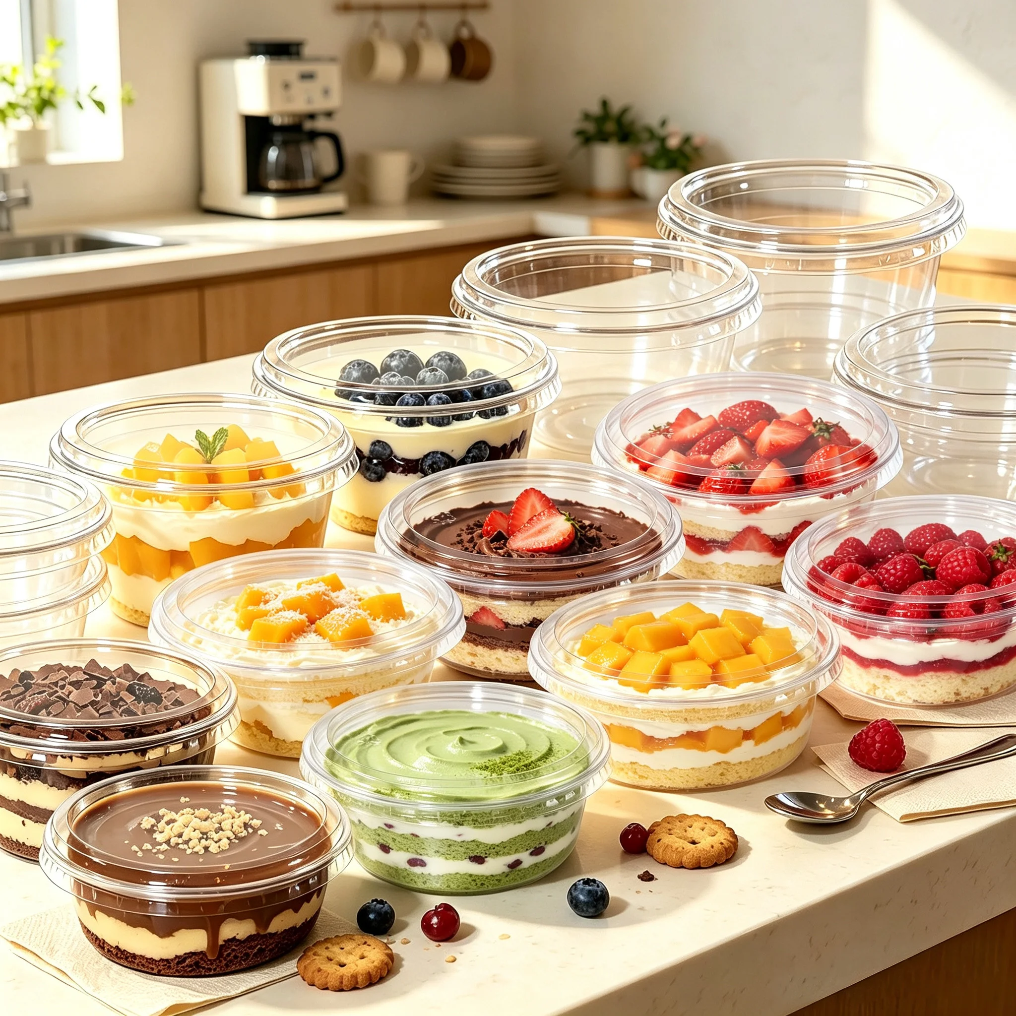100 Sets Clear PET Dessert Cups 8oz 12oz 16oz Reusable Cold Drink Fruit Pastry Containers, Freezer Safe, 100 Sets Pack, Ideal for Holiday Parties, Picnic, Iced Beverage
