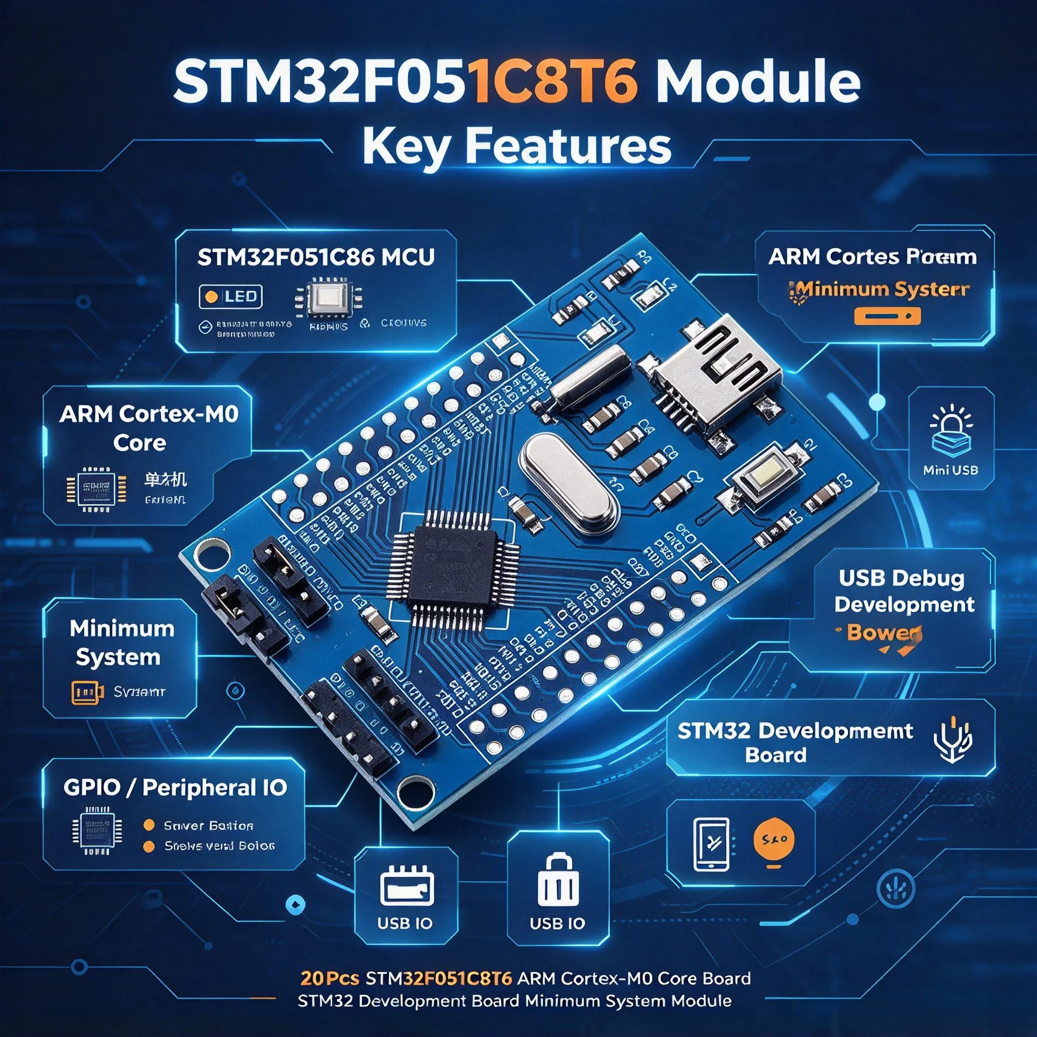 20Pcs STM32F051C8T6 ARM Cortex-M0 Core Board STM32 Development Board Minimum System Module