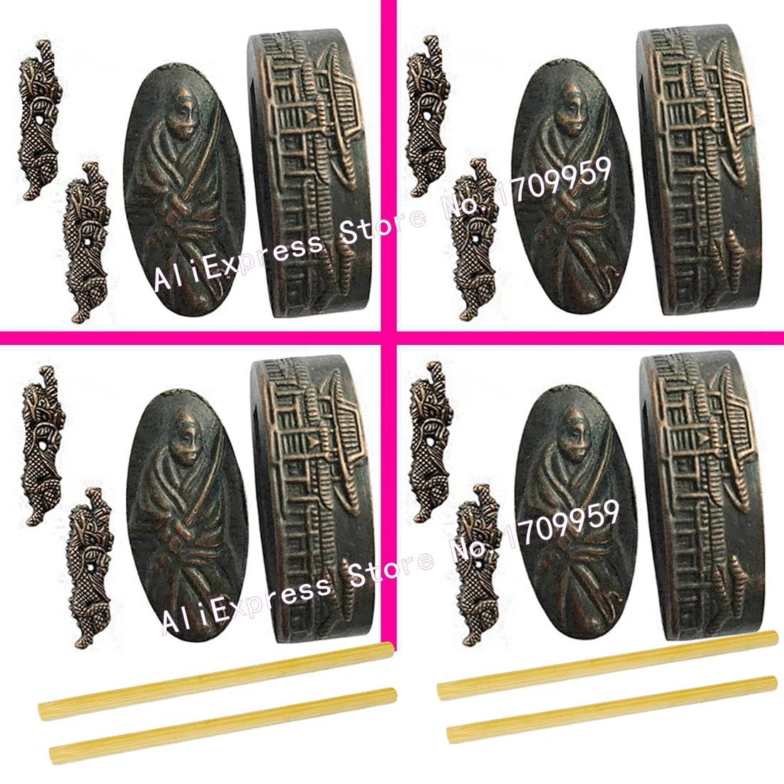 Conjunto de acessórios para alça de espada japonesa, 4 pares, liga Menuki Fuchi Kashira Mekugi para Katana/Wakizashi/Tanto Tsuka Cap Collar Parts
