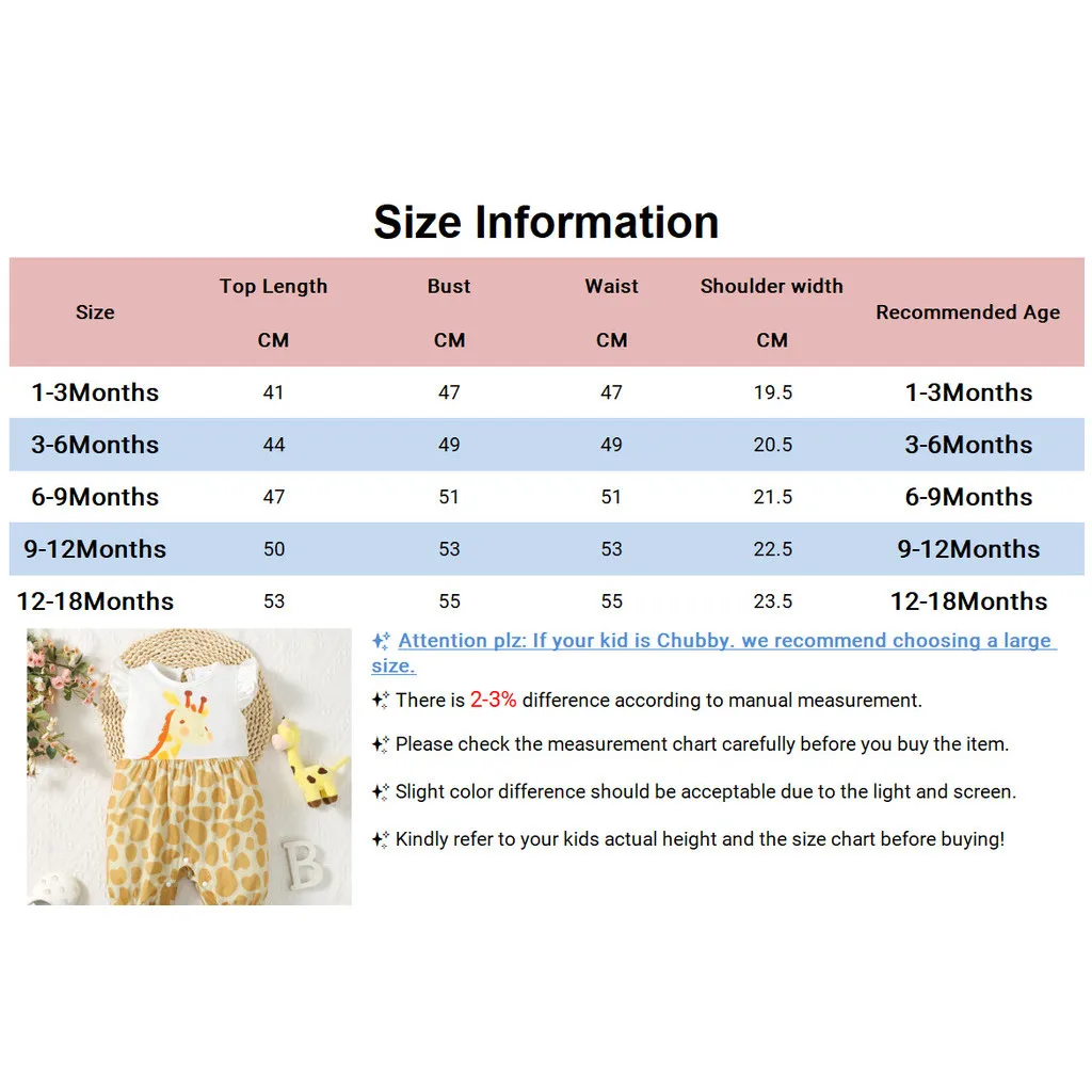 Newborn Baby Girl Romper Cute Giraffe Sleeveless Spliced Jumpsuit Summer Casual Daily Wear Bodysuit for Infant Girl 0-18 Months