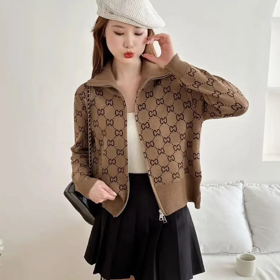 Damska odzież Unikalna kurtka swetrowa z zamkiem błyskawicznym dla kobiet Wiosna Jesień Temperament Elegancki Luźny Kardigan z dzianiny w kratę Top