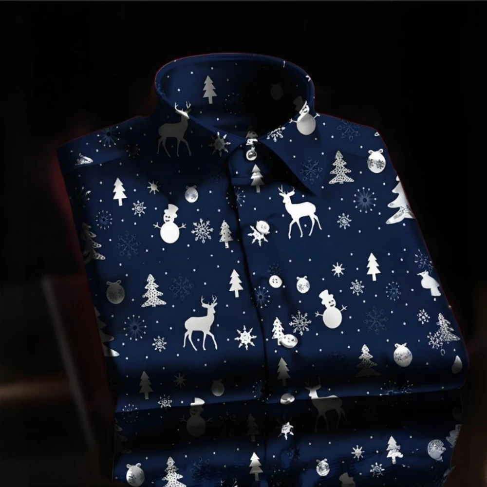 Christmas Shirt Autumn Long Sleeve Shirts Santa Claus&Tree Print Men's Shirt Fashion High-End European Shirts Men Clothing Tops