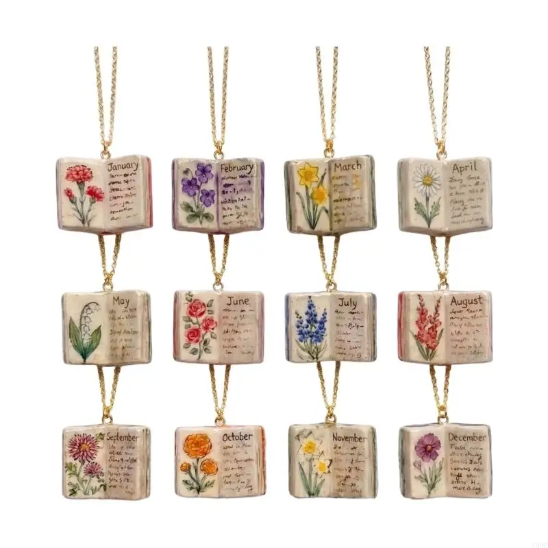 195C Pendant Necklace with Month Flower Theme, Mini Book Charm and Adjustable Chain for Anniversary Gift Giving Jewelry