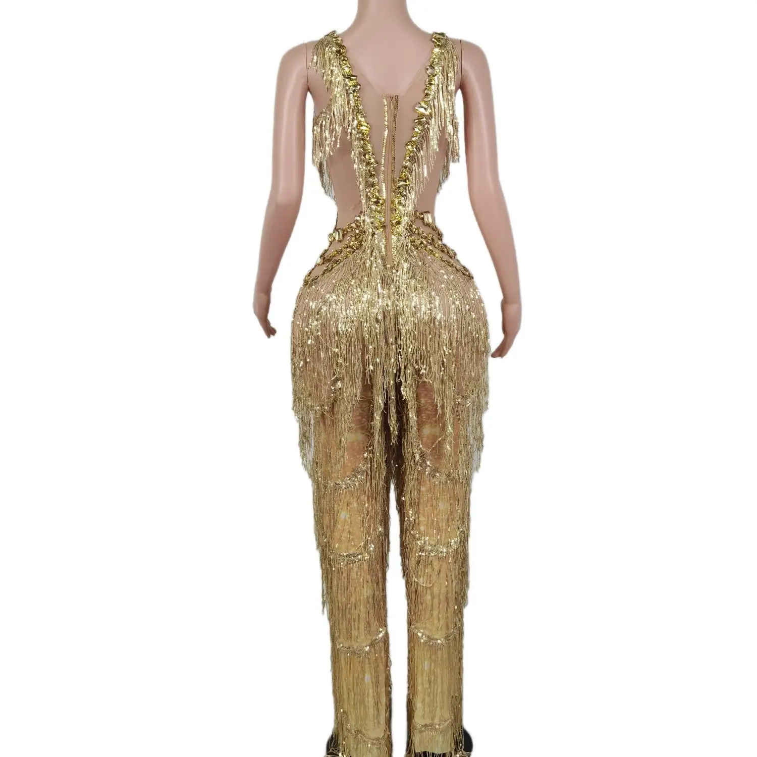 Monos Sparkly Gold Tassel Sequins Cut Out Rompers Women One Piece Bodysuits Stage Performance Outfits Party Wide Leg Jumpsuit