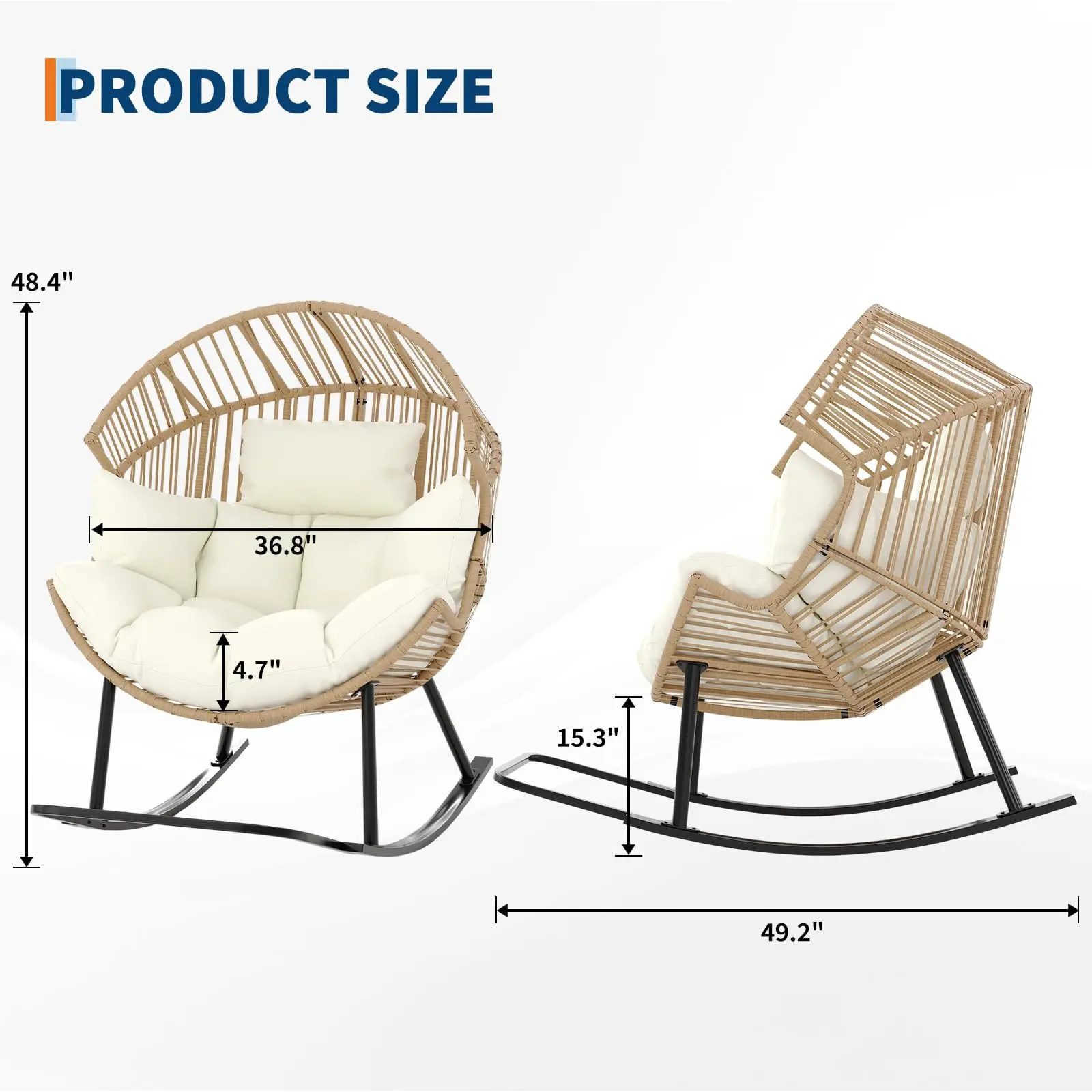 Oversized Ergonomic Wicker Rocking Egg Chair Natural Rattan Lounge Rocker With Extra Soft Pillow And Thick Cream Cushion For Indoor Outdoor Living Room Backyard Garden - view 7