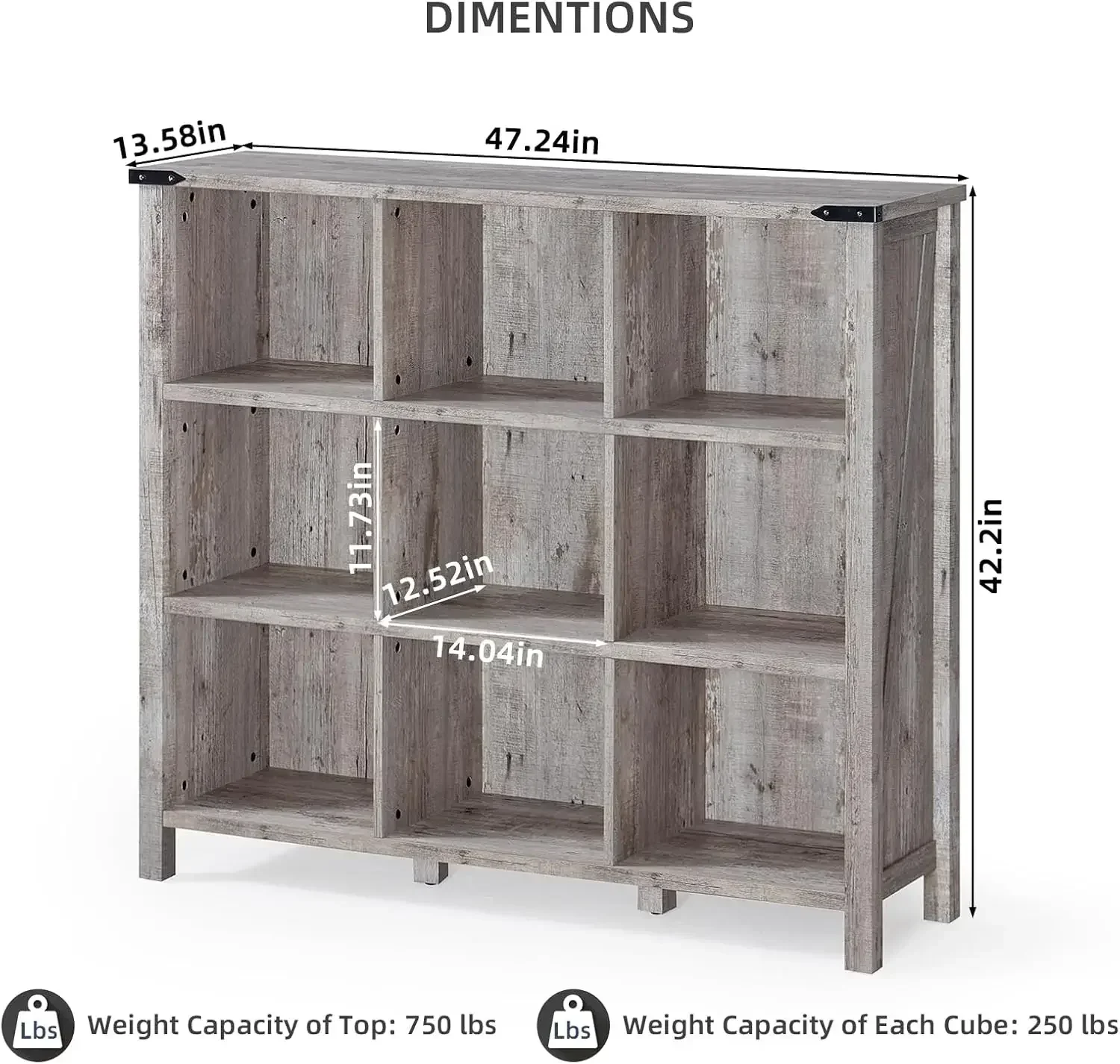 [XMSJ]9 Cube Bookcase, Farmhouse 47 Inch Wide Grey Oak Bookshelf, Wooden 3 Tier Display Large Open Book Shelf