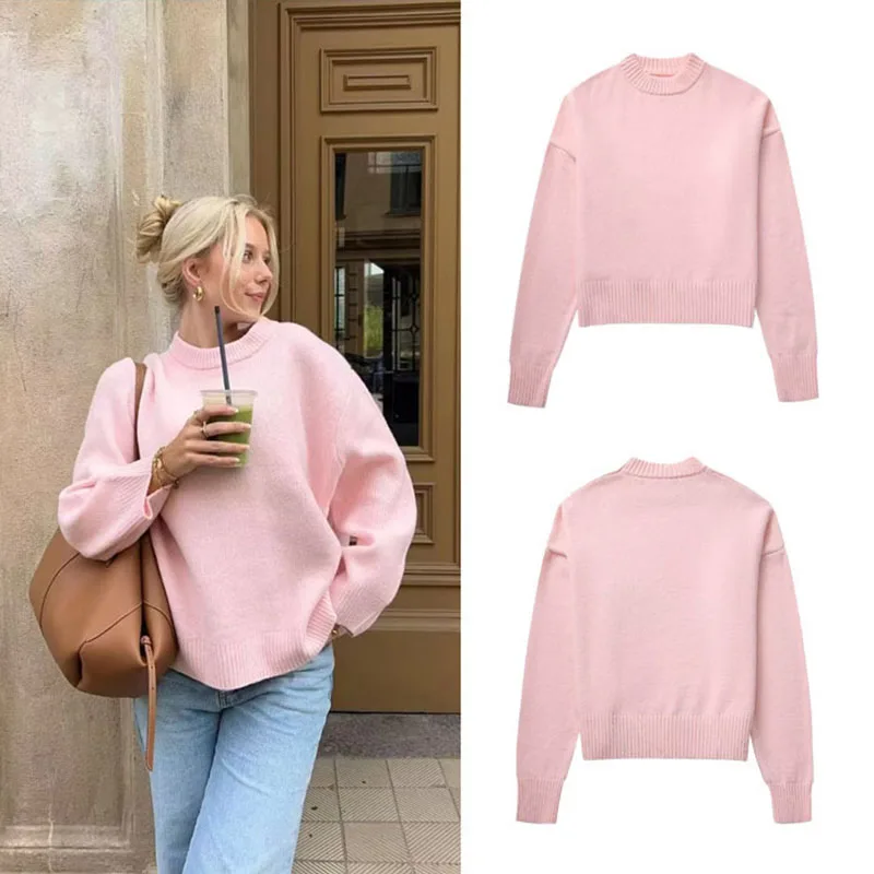 Sweet Pink Knitted Sweater For Women Fashion Oversized Solid O Neck Long Sleeve Pullover Sweaters Female High Street Jumpers