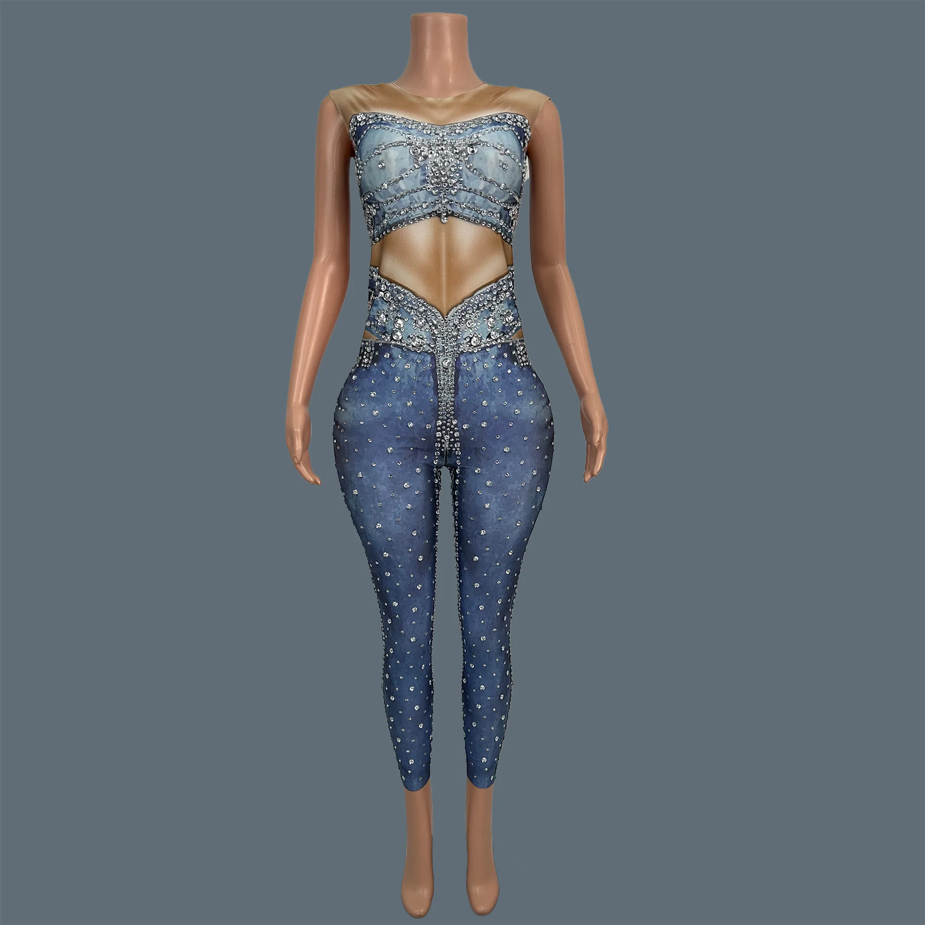 

Sparkly Rhinestone Tight Fitting Jumpsuit Birthday Party Festival Celebrate Outfit Sleeveless Spandex Dance Jumpsuit Niuzaiku