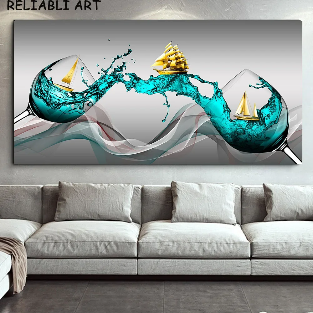 Goblet Sailboat Abstract Gold Wall Art Modern Glass Poster For Living Room Canvas Painting Kitchen Luxury Home Decor No Frame