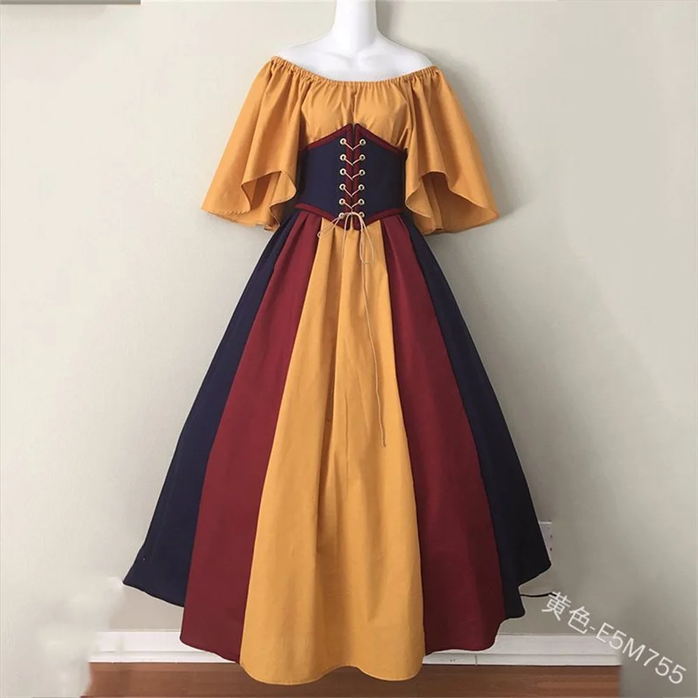 Medieval Vintage Contrast Color Stitching Flying Sleeve Lace-up Dress One-shoulder Dress Stage Performance Dress Female