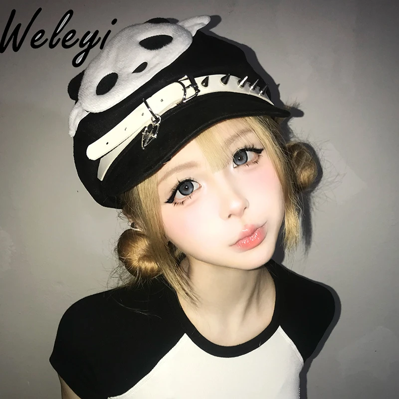 

Mine Style Panda Rivet Wings Berets Female Jirai Kei Beret Japanese Y2K White Black Caps for Women Cute Woman Painter Hats