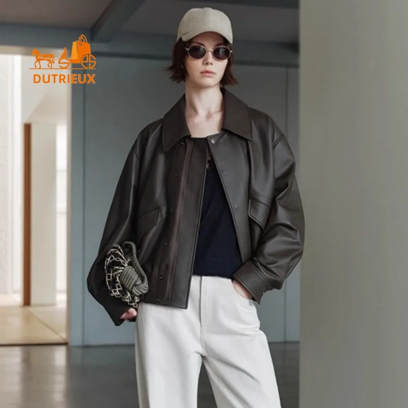 Winter Women's Short Lapel Waist Silhouette Flight Leather Jacket, 100% Real Sheepskin Retro Luxury Fashion Genuine Leather Coat