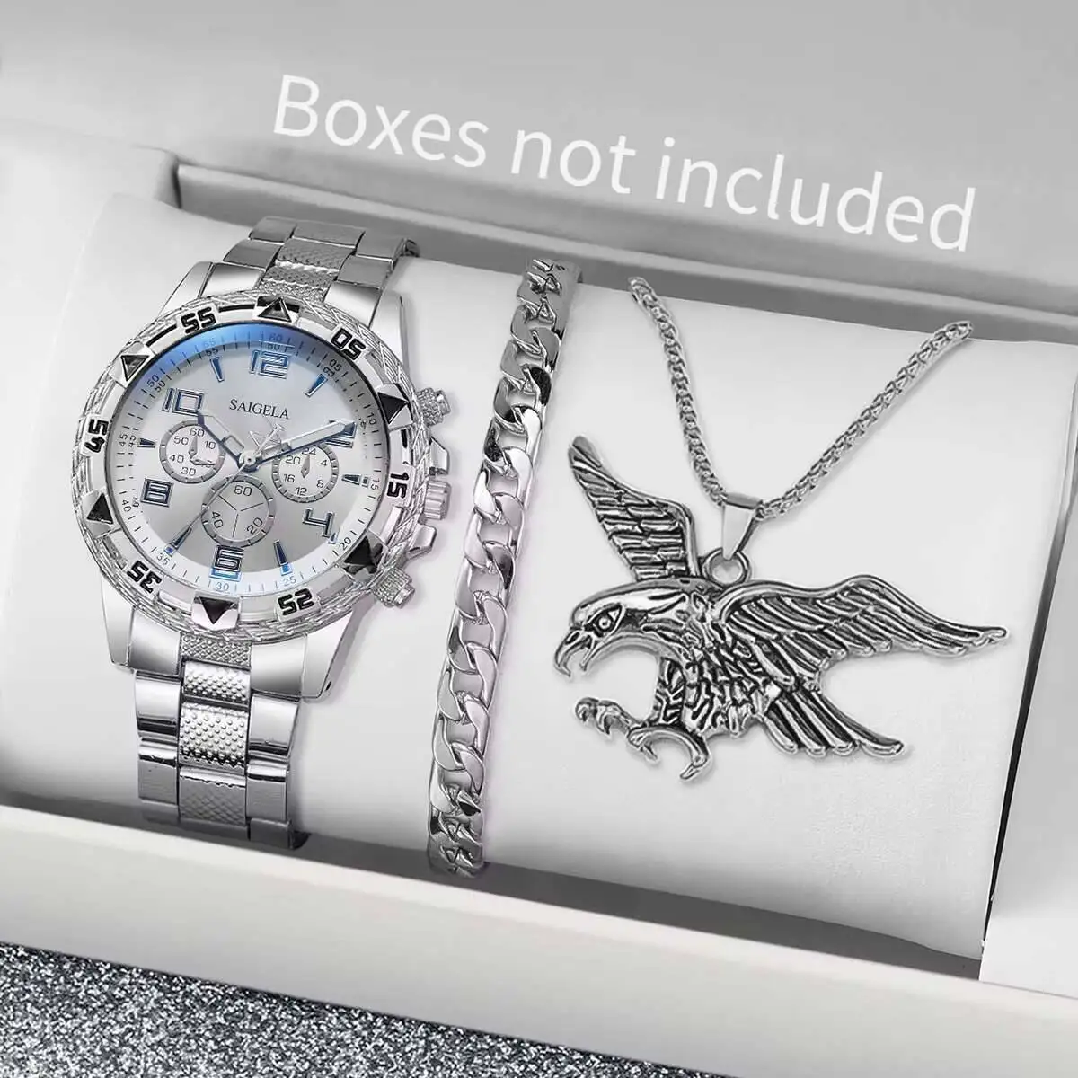 メンズステンレススチールクォーツ腕時計,カジュアルネックレスとブレスレットのセット,ボックスなしのビジネスウォッチ,ファッショナブル,1セットあたり3個