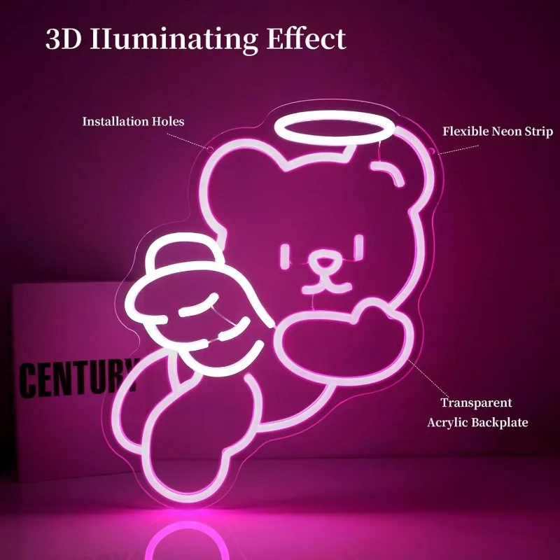 Bear Angel Neon Sign - Cute Bear Face LED Light with Hanging Chains, Pink Glow Wall Decor for Bedroom, Birthday Party, 'oom - No