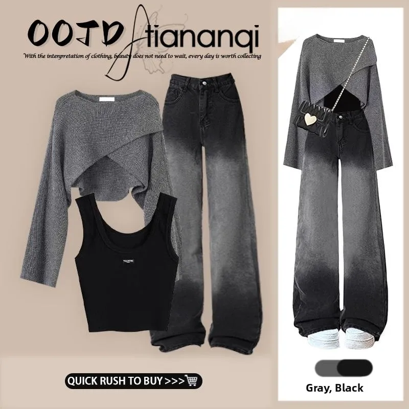 

Spring New Sle Luxury Youthful Chic Girl's Outfit Top Vest Bla Casual Jeans Tee-piece Set Long Sve round Ne Other ...