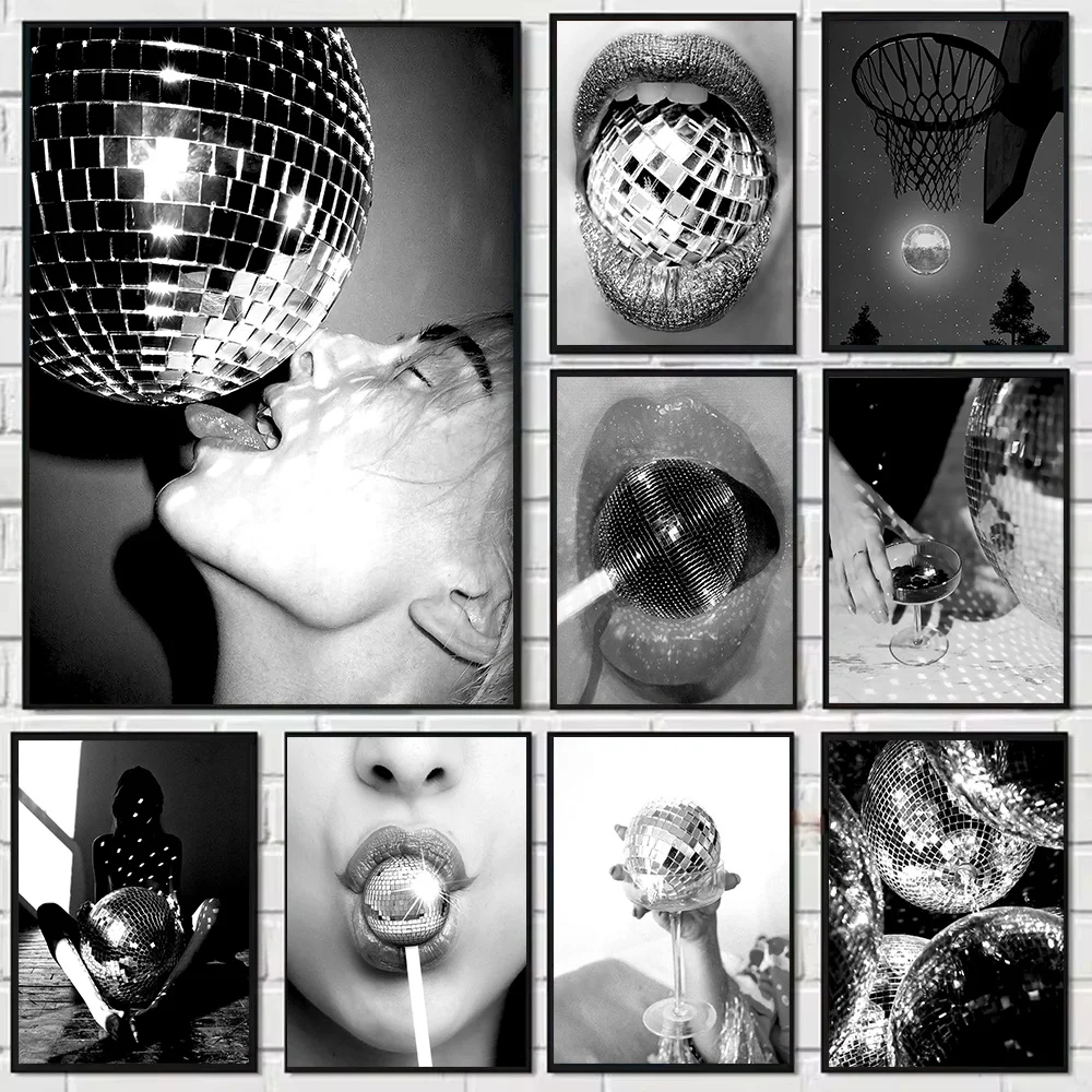 Abstract Retro Disco Glitter Ball Black and White Photography Poster Canvas Art – Home Room Decor Cuadros