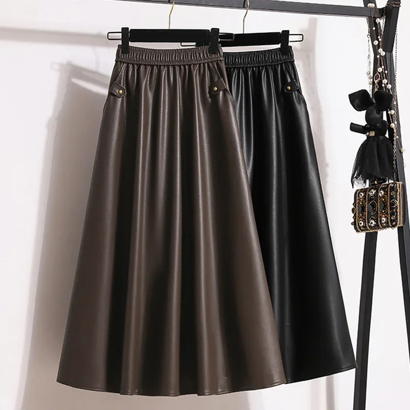 Large Size 4XL Vintage Long Faux Leather Skirt Women Elegant PU Skirt Autumn Winter Lady High Waist A-Line Skirt Female A359