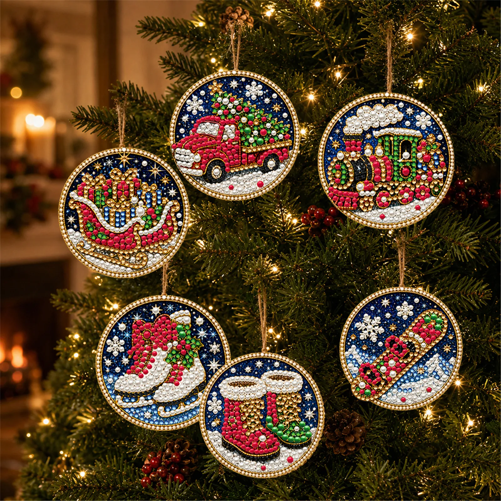 DIY Diamond Painting Christmas Ornaments 6pcs Round Wood Pendants Rhinestone Art Craft Kit with Tools Hemp Rope Included view 6