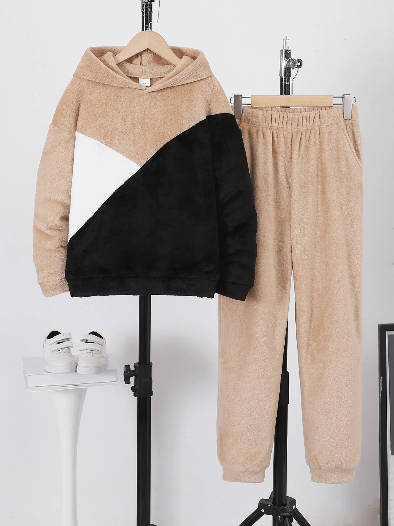 2PCS Boys' Autumn Winter Fleece Lined Hoodie And Pants Set Double-sided Flannel Geometric Patterned Comfortable Two-piece Outfit