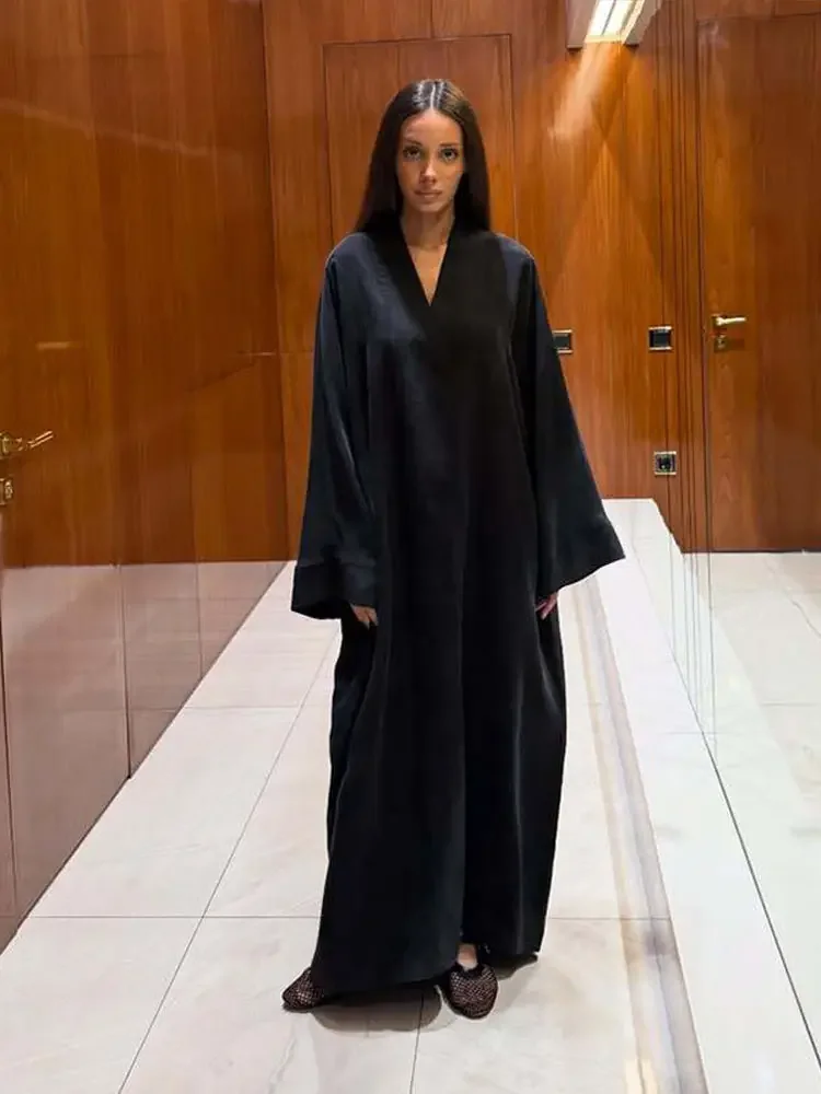 Damen Oversize-Maxikleid mit V-Ausschnitt, Langen Ärmeln, Einfarbig, Locker Sitzend, Abendkleid, Herbst, Damen Basic Allround-Partykleidung, Neu – Detail 5