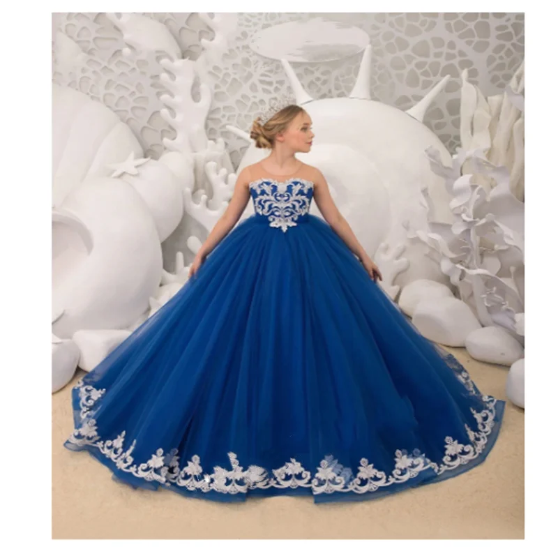 Flower Girl Dresses Royal Blue Puffy  Long Princess Dress Lace Girl Birthday Party Dress Girl Dress for Wedding Communion Custom