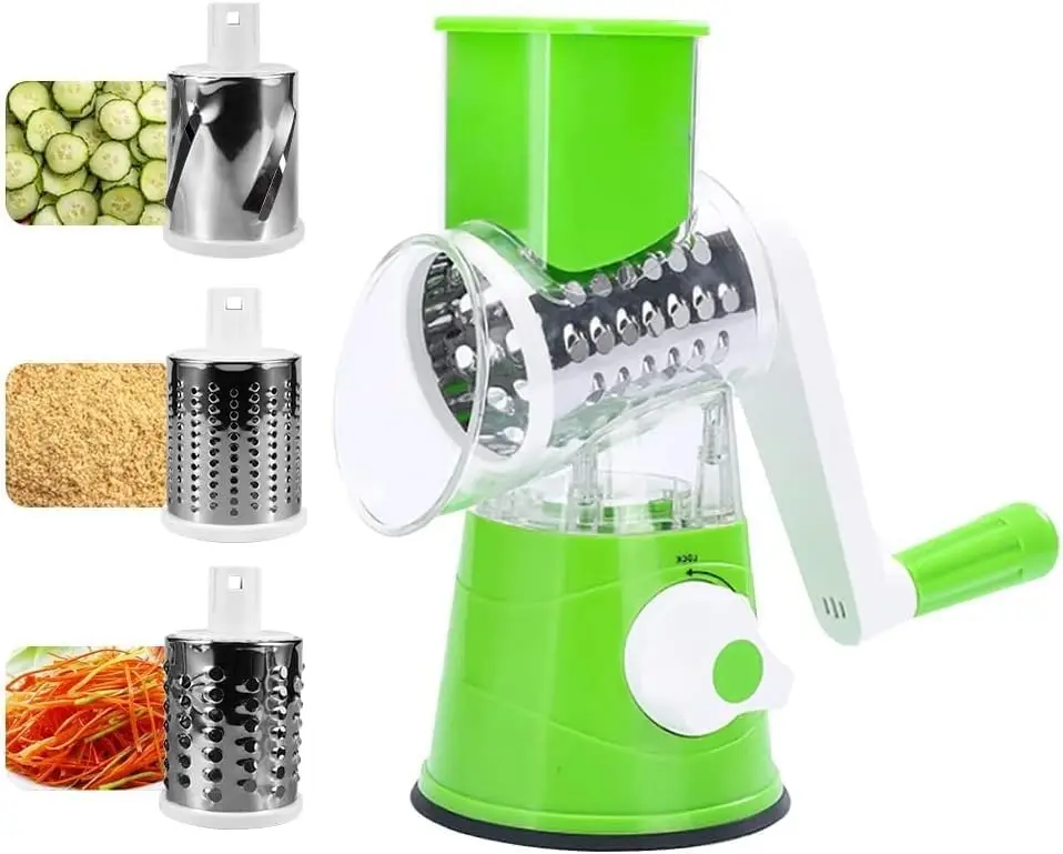 

Cheese Grater Rotary, Rotary Grater for Kitchen, 3 in 1 Grater Vegetable Slicer with 3 Drum Blades,Fast Cutting Cheese Shredder