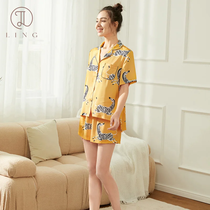 Ling Ice Silk Summer Women's Pajama Sets Bright Yellow Zebra Print 2 Pcs Short Sleeve Sleepwear Sets Nightwear Home clothes