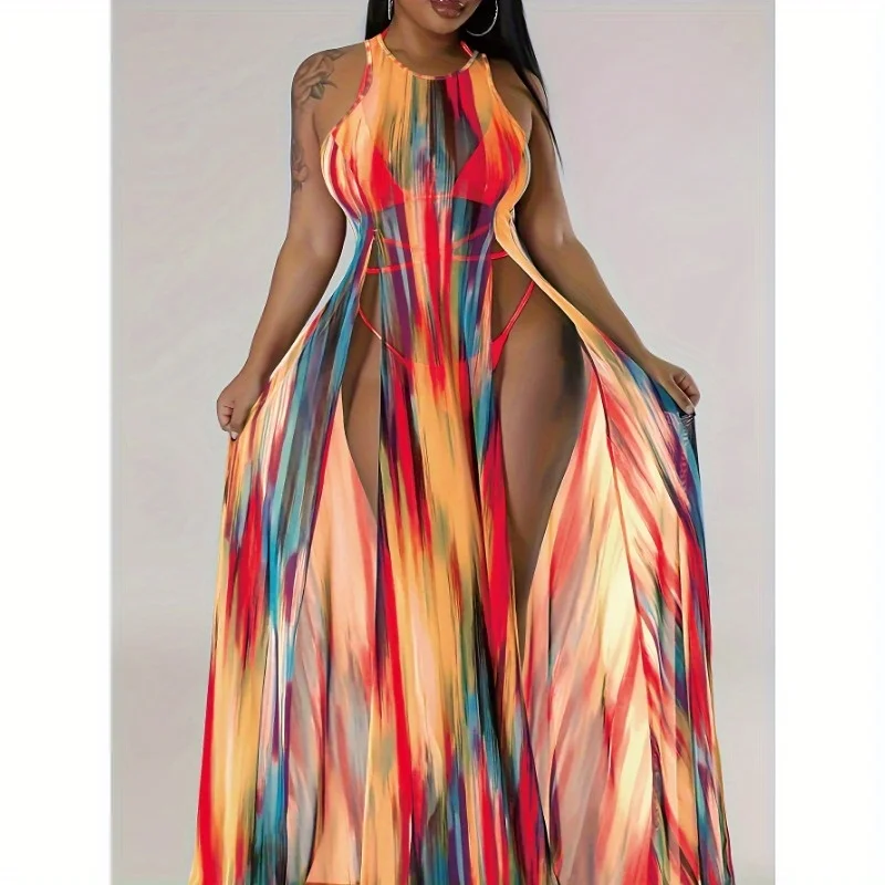 فستان شاطئ مثير بدون أكمام بفتحة شفافة مقاس كبير