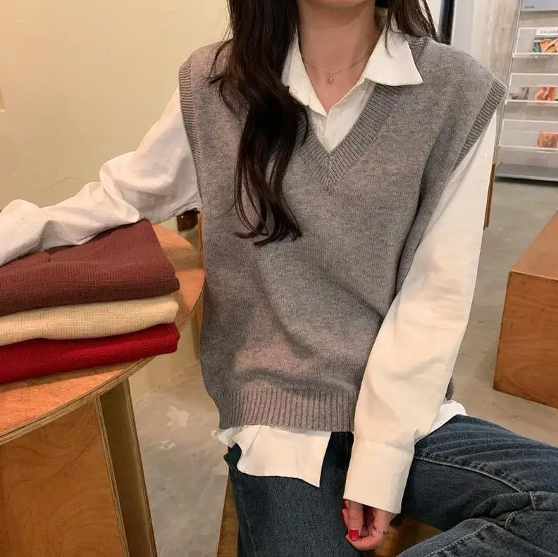 Herbstliche Koreanische Damen-Strickweste, Einfarbig, Lässig, V-Ausschnitt, Khaki-Farbe, Ärmellos, Elegante Oversize-Strickwaren-Weste – Detail 5