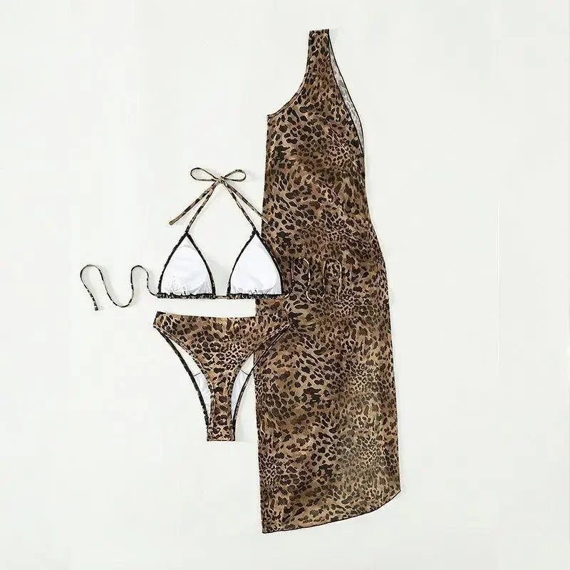 2023 New Leopard Print Push Up Micro Bikini Three-piece Mesh Swimsuit Women Bikini Set Beach Swimsuit High Waist Bathing Suit