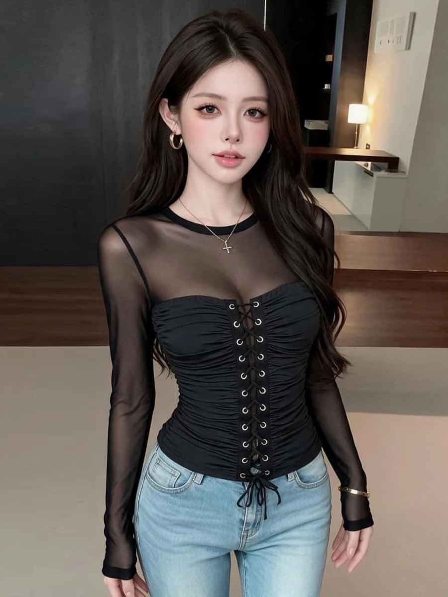 Sexy American Style Long Sleeve Mesh Top Women's Base Layer Shirt High Waist Design Pure Color Polyester Fiber Thin Model