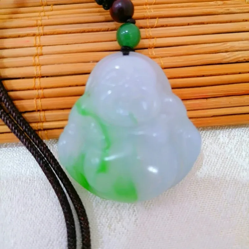 Natural Emerald Green Hand Carved Big Belly Buddha Jade Pendant Boutique Jewelry Men's and Women's Laughing Buddha Necklace