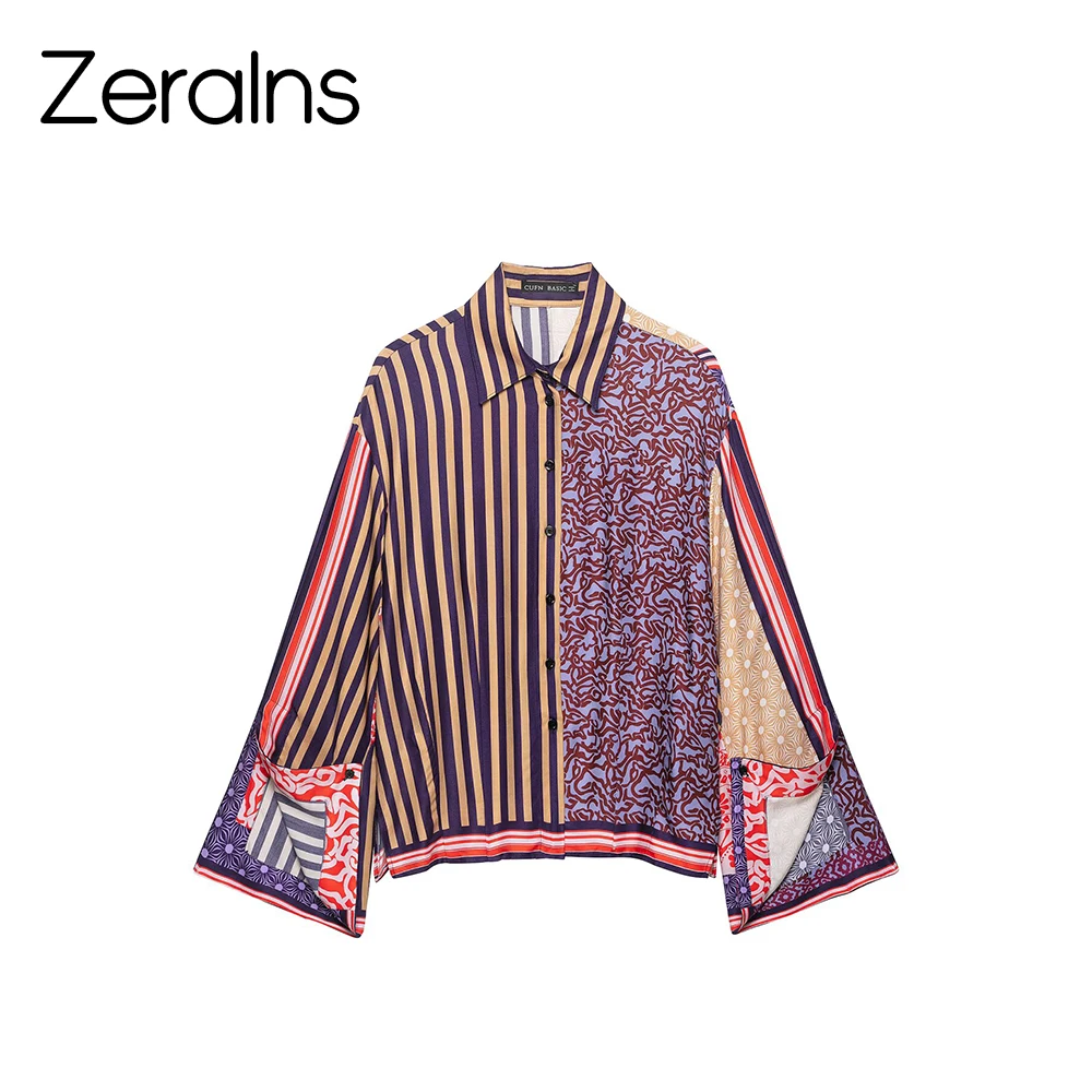 ZERAINS New women's clothing European and American style patchwork printed shirt casual printed yarn cage skirt set