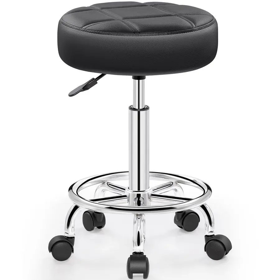 Tabouret avec roulettes, petite chaise de bureau en cuir PU avec repose-pieds, tabouret pivotant réglable polyvalent pour Salon de Massage de tatouage Spa