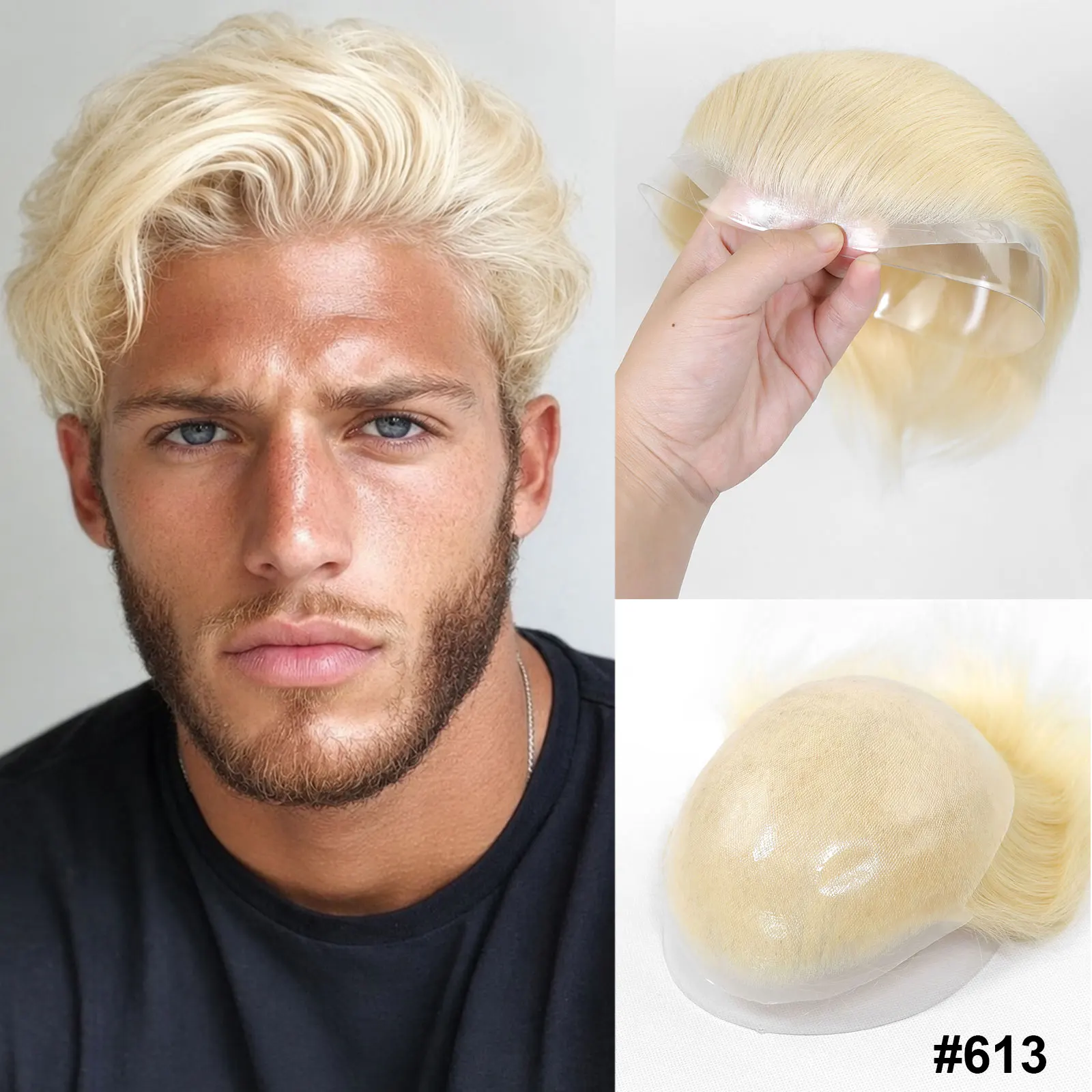 Blonde Invisible Hairline Full PU Skin Toupee For Men Grey Human Hairpiece Men's Toupee Hair Replacement System Hair Patch 8x10