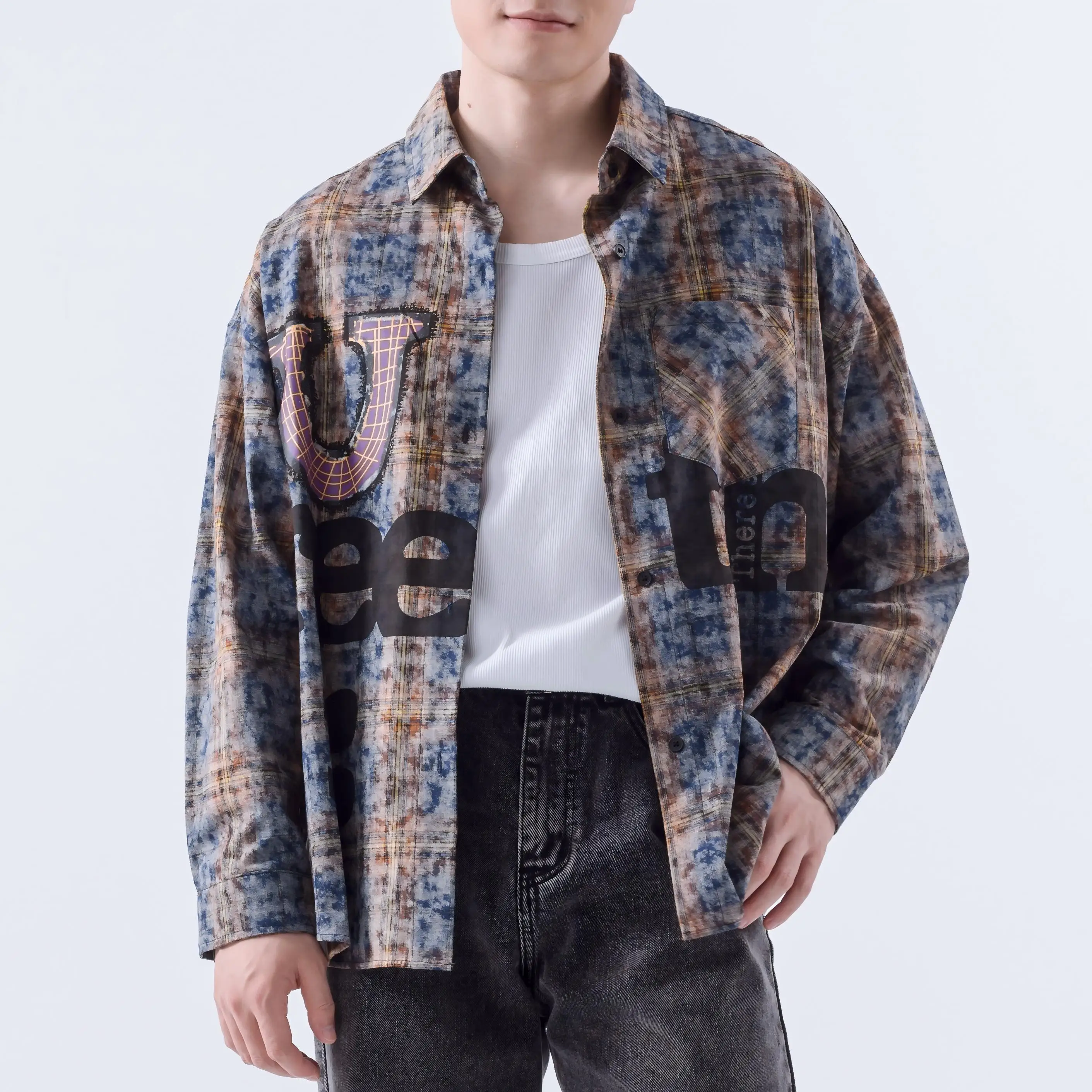100% Cotton Vintage Plaid Shirt Long Sleeve Back Graphic Distressing Jacket Coat Hand Drawn Graffiti Distressing Shirt