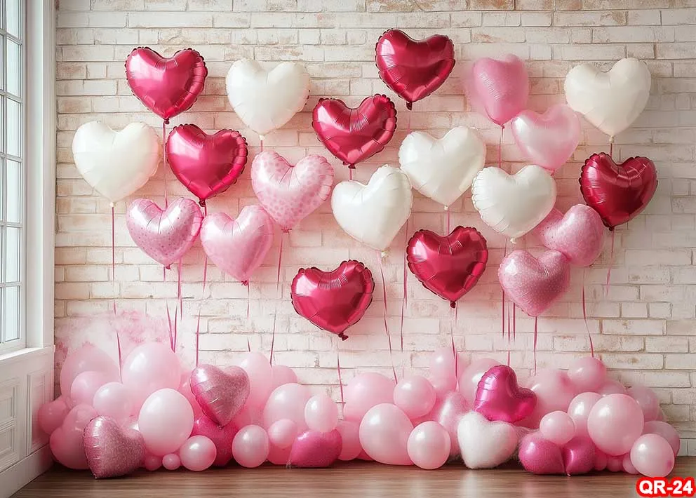 Pink Valentine's Day Photography Backdrops White Wood Floor Pink Loveheart Balloons Decoration Photo Background Baby Shower