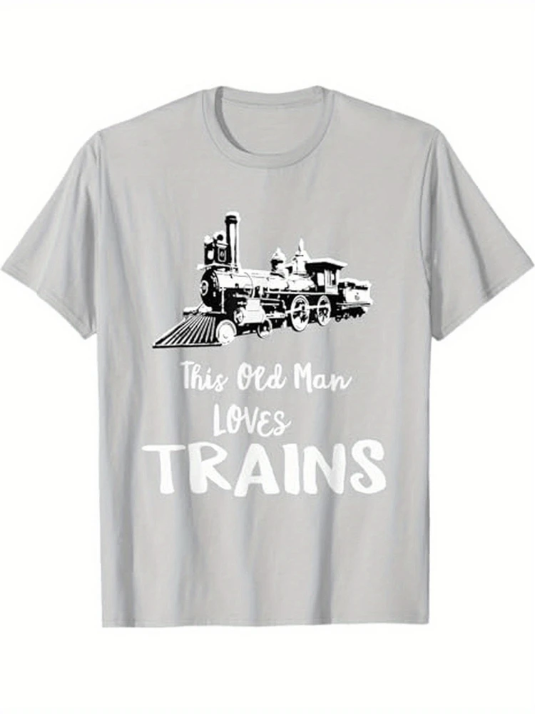 Men'S Casual Crew Neck T-Shirt,100% Pure Cotton, Printed with Vintage Railroad Trains Design,Short Sleeve Tee for printed.