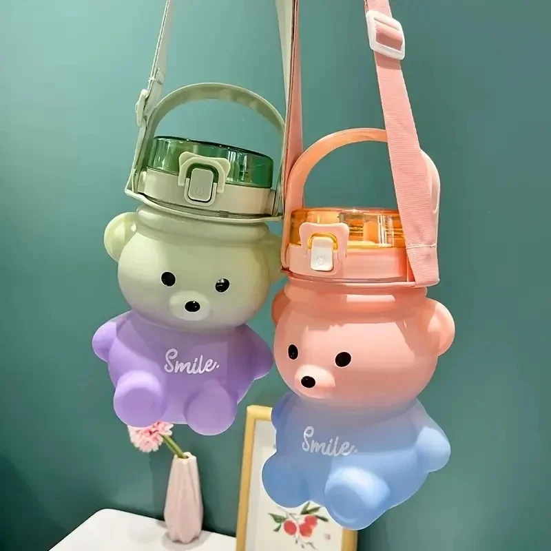 1 cartoon children's water cup, summer bear gradient cute water cup, girl plastic cup, portable straw cup, large capacity