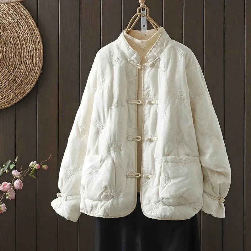 

New Chinese Winter Women's Loose Casual Embroidered Button Retro Artistic Ethnic Outerwear Cotton Coat