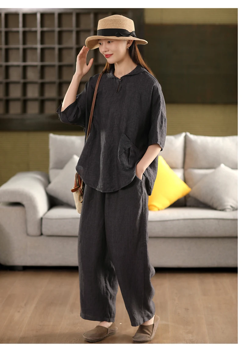 

Natural Pure Linen Women's Shirt, Purple Short-sleeved, Elegant and Stylish Top, Relaxing, Casual, Comfortable, Cool Breathable