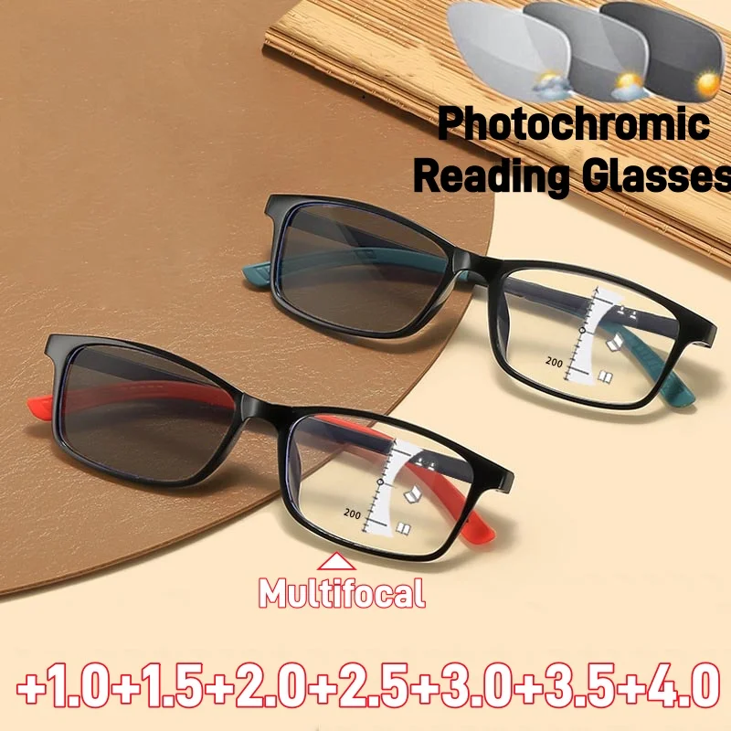 

Tr90 Photochromic Multifocal Reading Glasses Men's HDAnti Blue Light Color Changing Multifocal Degree Eyewear Near and Away+4.0