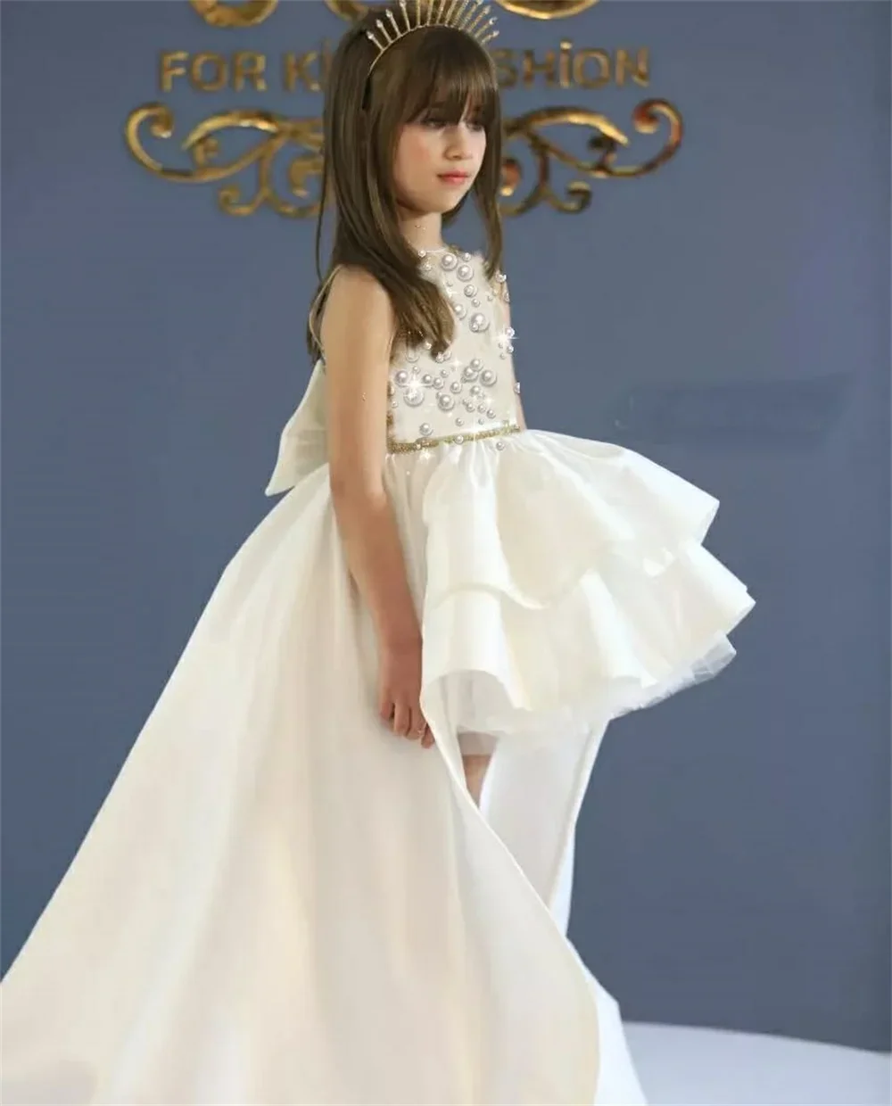 Custom White Pearl Ruffled High Low Flower Girl Dress First Christmas Dress Wedding Party Gown for Girls فساتين اطفال