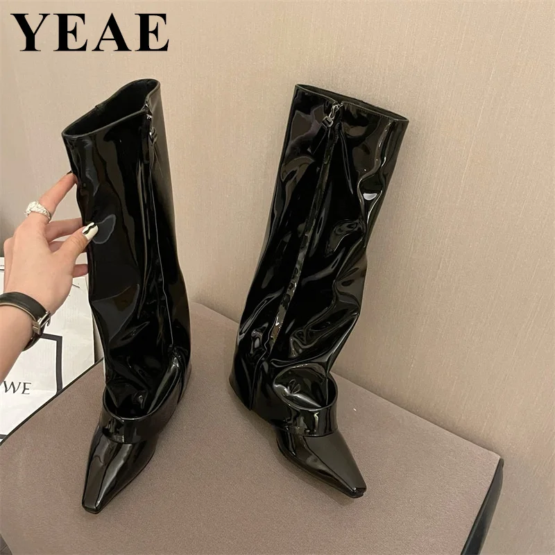 Fashion Women Black Wedges Mid Calf Boots Winter And Autumn Pointed Toe Pants Boots Designer Party Dress Shoes Lady Knight Boots