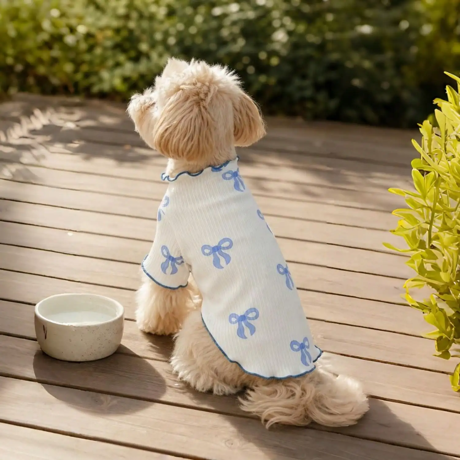 Geripptes Haustier-T-Shirt mit Herz- und Schleifendruck und Rüschenbesatz für kleine Hunde und Katzen – Detail 22