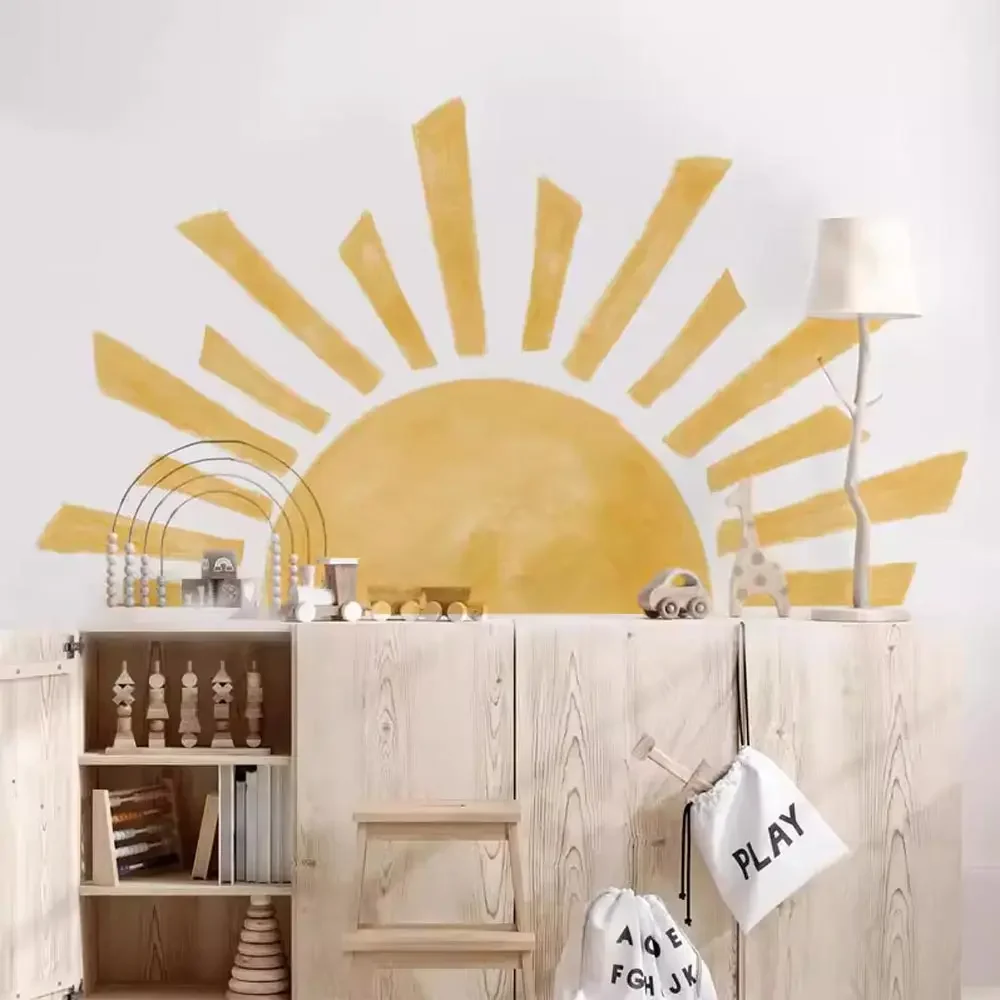 Half Sun Wallpaper Decal Sunshine Vinyl Wall Stickers Boho Nursery Baby Room Wall Stickers Self-Adhesive Bedroom Home Decor K-on