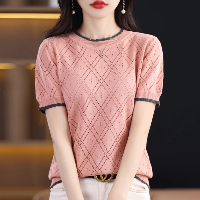 ZOCEPT Summer New Women\'s 100% Cotton Casual Colored Round Neck Knitted Short Sleeve Tees Loose Fit Korean Tops T-Shirts 2024