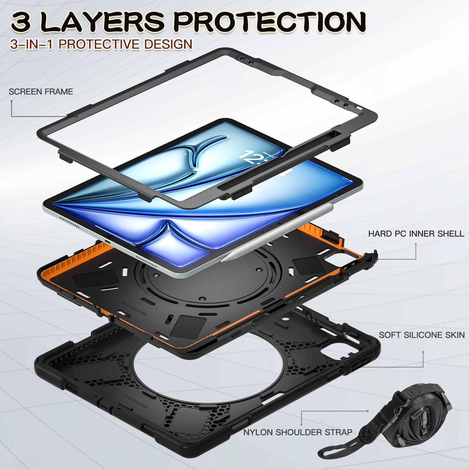 Heavy Duty Tab Case for iPad  Air13 Air 13 2024 Rotating Stand Kids Cover for iPad Pro 12.9 Shockproof Tablet Rotate Strap Cover