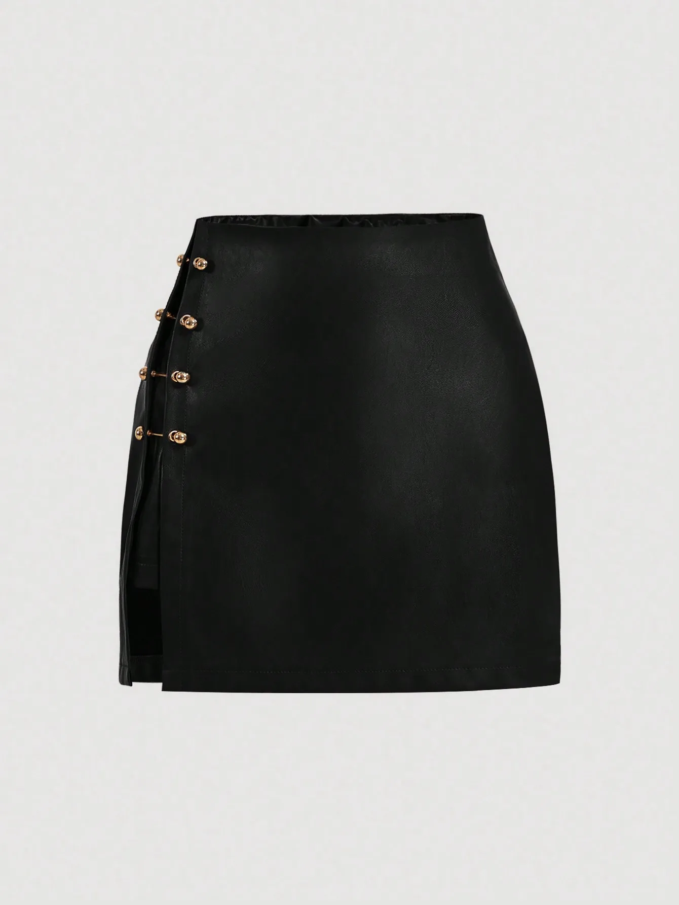 Black Faux Leather A-Line Skirt with Side Slit and Gold-Tone Studs