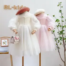 Korean Style Girls Dress 2024 Spring Autumn Long Sleeves Mesh Pearl Sweet Fashion Little Princess Dress 3-10 Years Kids Clothes